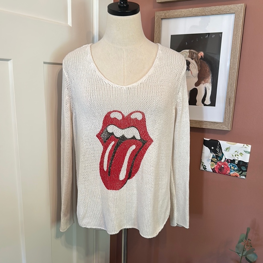 Wooden Ships knit graphic Rolling Stones cream/red XS Vneck cotton blend sweater